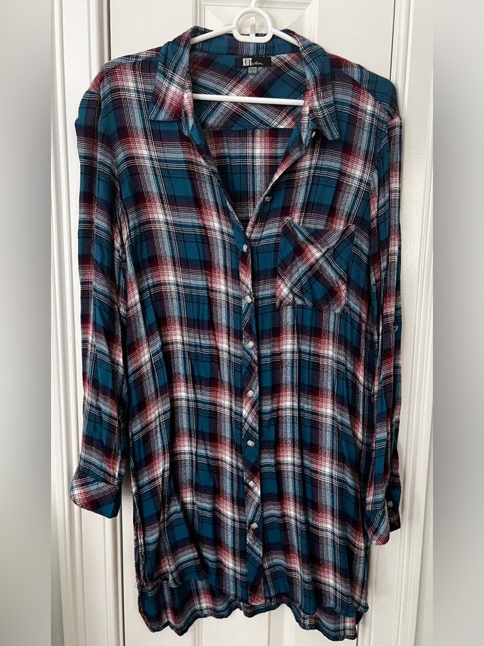 Kut from the Kloth Teal, Burgundy & White Plaid Button-Up Blouse